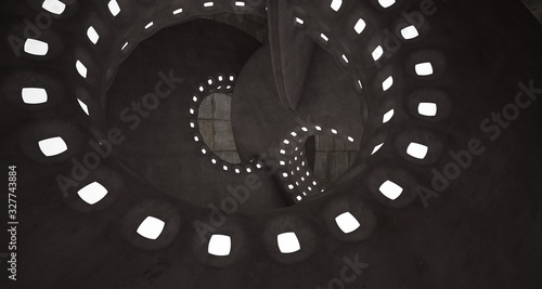 Architectural background. Abstract concrete interior with smooth discs. Neon lighting. 3D illustration and rendering.