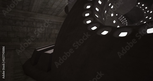 Architectural background. Abstract concrete interior with smooth discs. Neon lighting. 3D illustration and rendering.