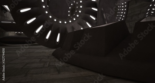 Architectural background. Abstract concrete interior with smooth discs. Neon lighting. 3D illustration and rendering.