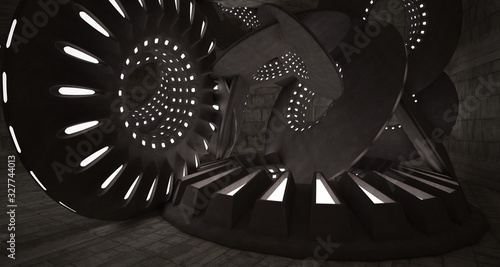 Architectural background. Abstract concrete interior with smooth discs. Neon lighting. 3D illustration and rendering.
