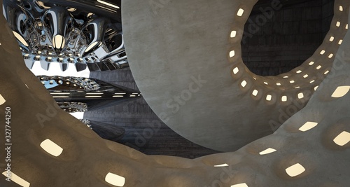 Architectural background. Abstract concrete interior with smooth chrome discs. Neon lighting. 3D illustration and rendering.