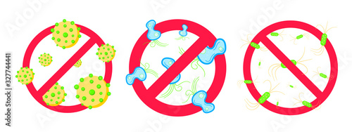 3 stop viruses and bad bacterias or germs prohobition sign. Big viruses or gems in the red stop defence circle flat style design vector illustration isolated on white background.