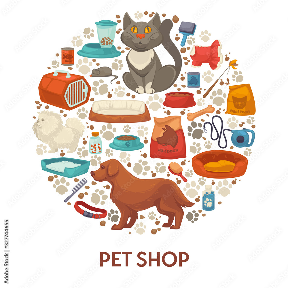 Pet shop banner template with dog and cat care accessories Pet shop banner template with dog and cat care accessories