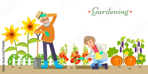 Older people life style vector flat illustration gardening and pleasure enjoyment. Grandpa and Granny in the garden. White isolated background.