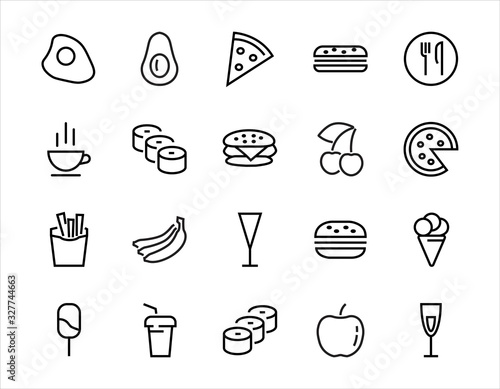 A simple set of fast food icons related to the vector line. Contains icons such as pizza, burger, sushi, bike, scrambled eggs and more. EDITABLE stroke. 480x480 pixels perfect, EPS 10