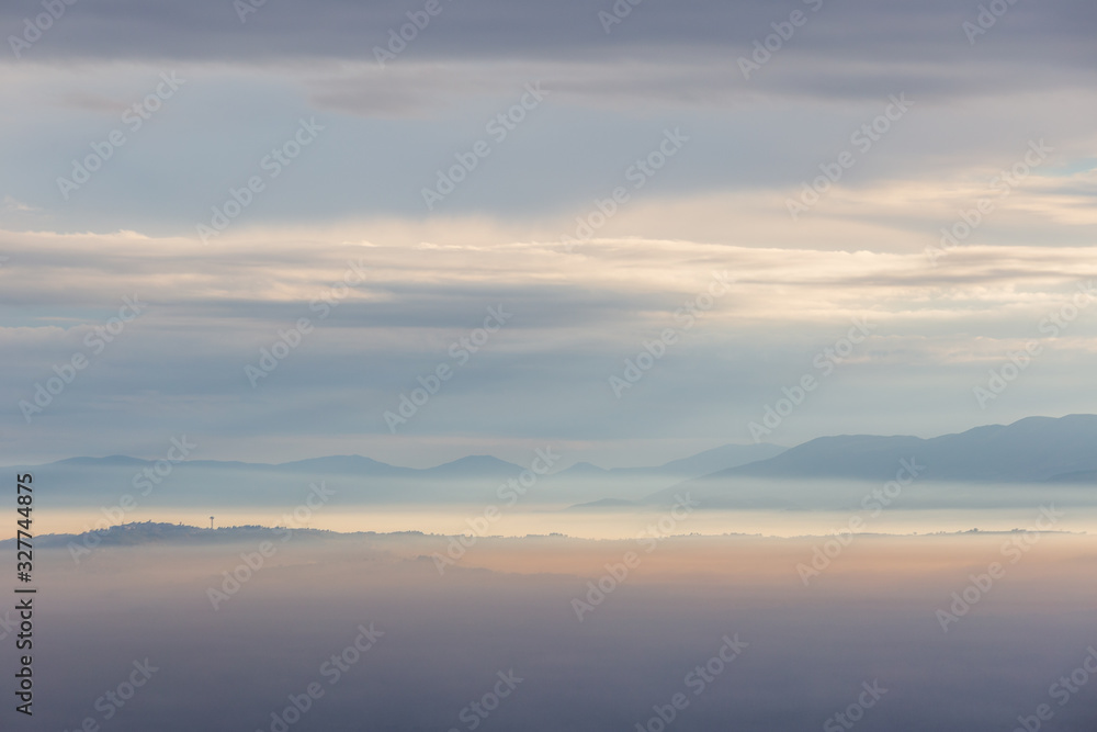 Sea of fog and mist between mountains and hills Sea of fog and mist between mountains and hills