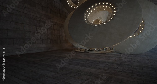 Architectural background. Abstract concrete interior with smooth chrome discs. Neon lighting. 3D illustration and rendering.