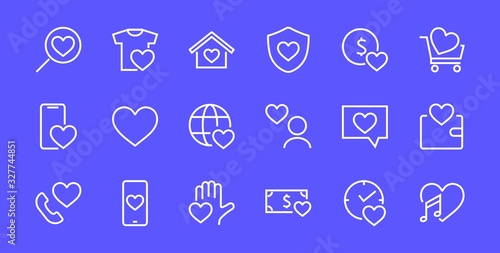  The set of icons about love contains such icons as love of music, declaration of love, heart, favorite home, Linear set. Vector on a white background. Editable stroke. 480x480