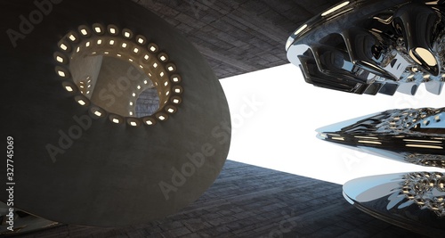 Architectural background. Abstract concrete interior with smooth chrome discs. Neon lighting. 3D illustration and rendering.