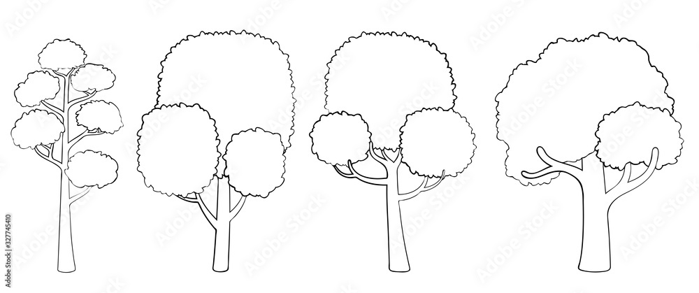 Naklejka premium Set of vector silhouette of a deciduous tree. Stylized outline for logo design, decorating clothes, tatoo or postcards