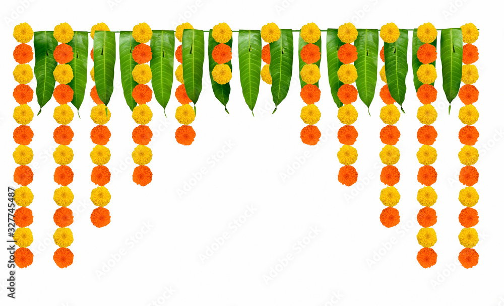 Indian flower garland of mango leaves and marigold flowers. Ugadi