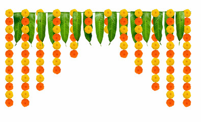 Indian flower garland of mango leaves and marigold flowers. Ugadi diwali ganesha festival poojas weddings functions holiday ornate decoration. Isolated on white background natural mango leaf garland