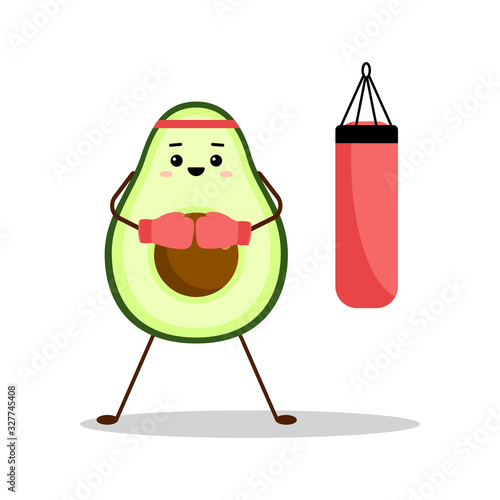 Kick-boxer avocado with red punching bag. Avocado character design on white background. Modern flat sport illustration. Cute design for greeting cards, stickers, fabric, websites and prints.