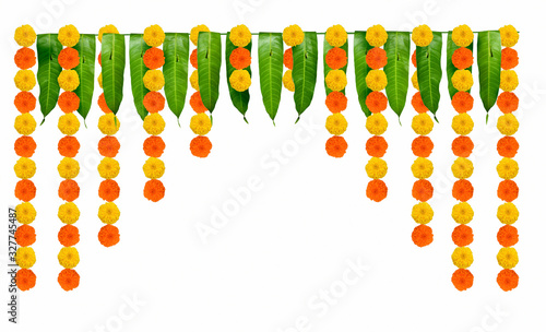 Indian flower garland of mango leaves and marigold flowers. Ugadi diwali ganesha festival poojas weddings functions holiday ornate decoration. Isolated on white background natural mango leaf garland