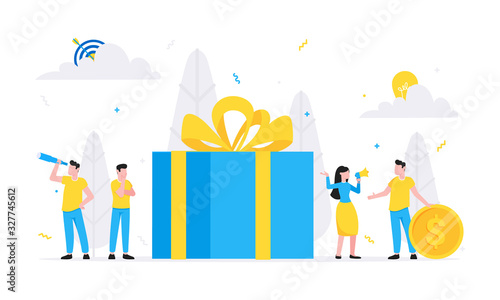 Refer a friend flat style design vector illustration isolated on white background. Woman with megaphone shout out to the people, man with thumb up and big gift box.