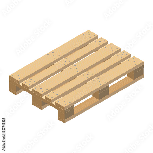 Wooden pallet, isometric design. Realistic image with the texture of light wood and with fasteners. Vector Illustration.