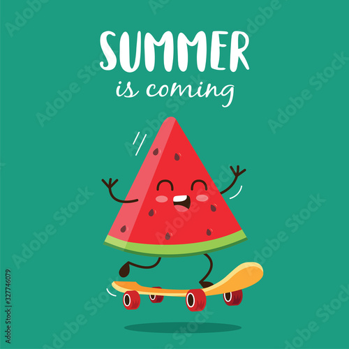 Summer is coming with cute watermelon character on skateboard.