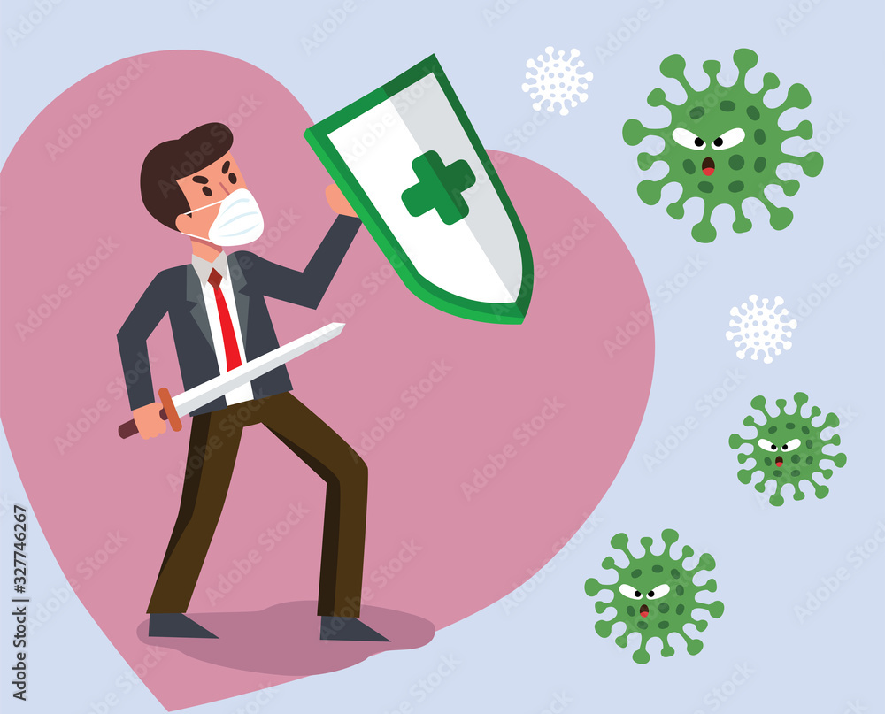 Vector Fight virus. Cartoon man character fighting with virus. COVID19