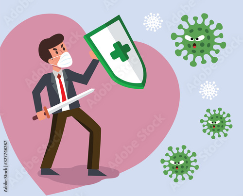 Vector Fight virus. Cartoon man character fighting with virus. COVID-19 Novel Coronavirus.
