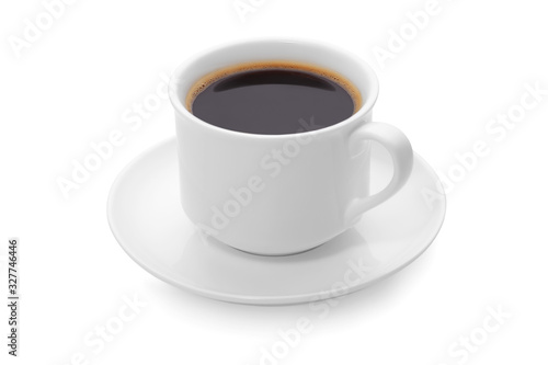 Closeup side view of a cup of fresh aromatic morning black coffee isolated on a white background