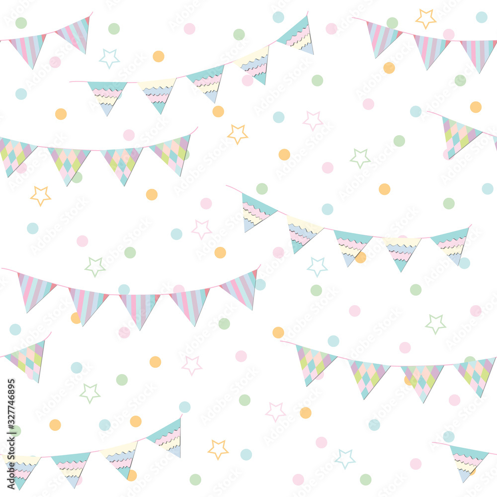 Pattern of multicolored festive garlands of triangular shape with additional decorative elements on a white background, vector illustration