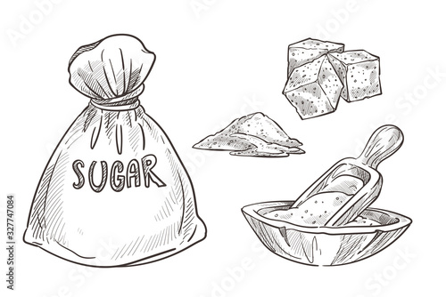 Sugar stored in burlap bag and wooden bowl with scoop spoon