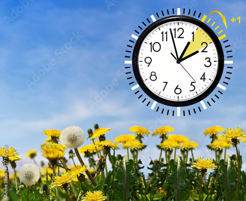 Daylight Saving Time (DST) Wall Clock on spring landscape. Turn time forward. Abstract photo of changing time at spring.