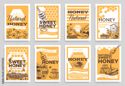 Honey flyers. Natural organic food beeswax, honeycomb and bees beehive, jar and honeyed flowers, beekeeping retro sketch vector banners