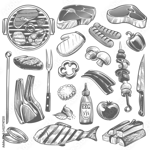 Sketch bbq. Hand drawn barbecue charcoal kettle grill with tools and foods, meats ribs, steak and sausages, vintage poster menu party vector
