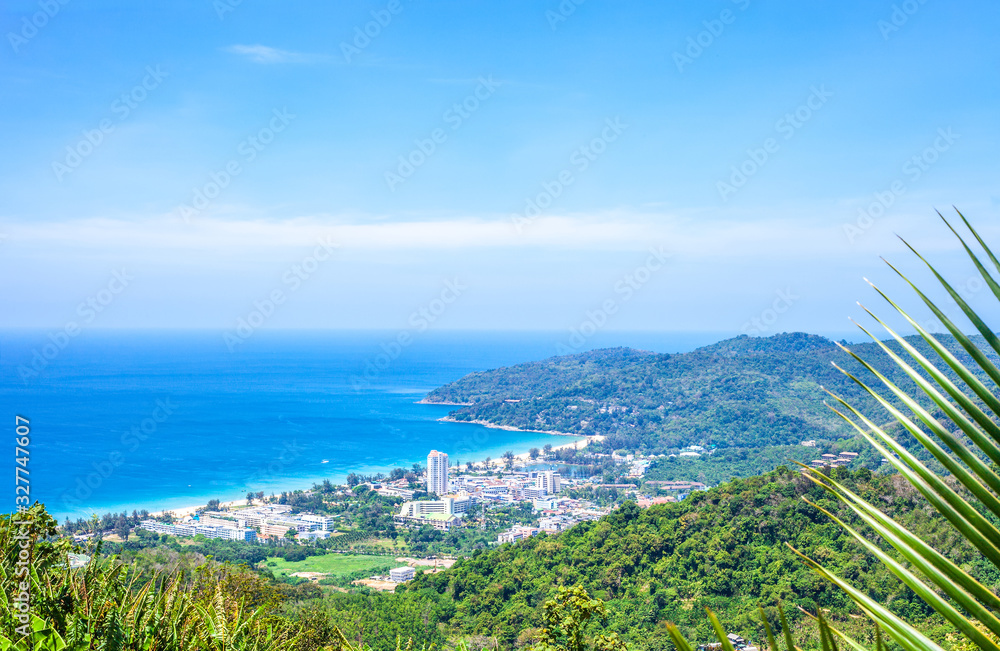 Phuket spring landscape by blue sky. Aerial view of thai island