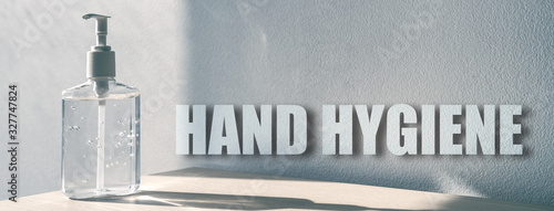 Canvas Print Hand hygiene banner sign for corona virus prevention - proper measures to keep clean hands with alcohol gel rub hand sanitiser on panoramic background