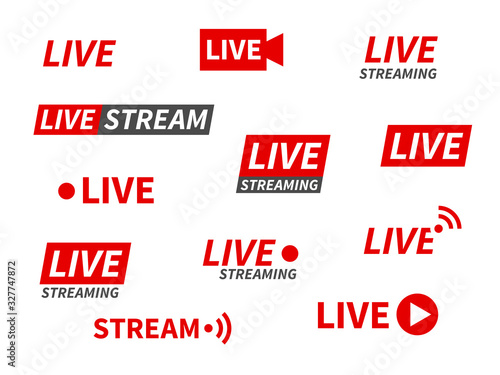 Live streaming icons. Broadcasting video news, tv stream screen banners. Online channel, live event stickers isolated vector set photo
