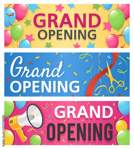 Grand opening banners. Announcement opened store, celebration ceremony, invitation promo with megaphone advertising flyers vector template
