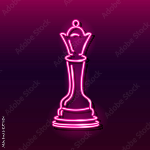 Neon icon of chess queen on dark gradient background. Board game, strategy, competition concept. Vector 10 EPS illustration.