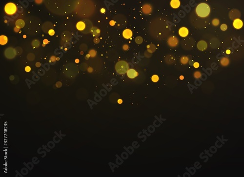 Golden bokeh. Sparkling magical dust particles defocused shimmering soft glowing, magic christmas gold lights glow bokeh vector background