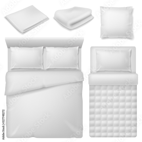 Realistic bedding. Top view bed with white bedding linen, blanket and pillows, soft cotton folded towel, bedroom home textile vector set