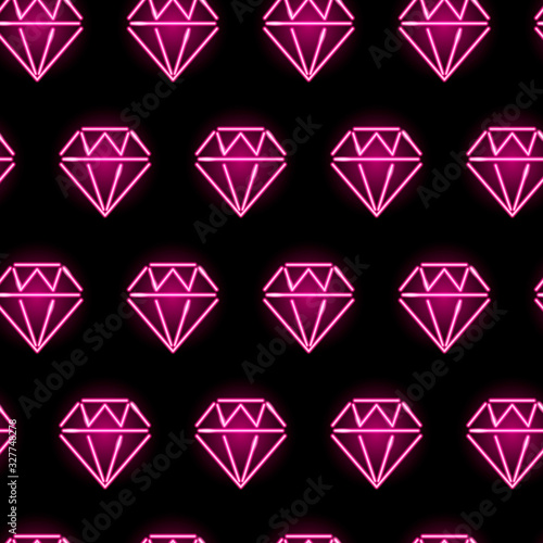 Seamless pattern with neon diamonds icons on dark background. Jewelry, luxury, girly concept for wallpaper, print or wrapping paper. Pink gems geometric ornament. Vector 10 EPS illustration.