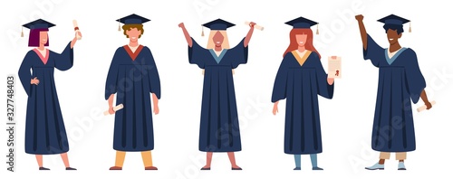 Graduated student. Happy students with diplomas wearing academic gown and graduation cap, group with education certificate vector set
