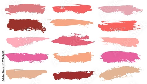 Makeup strokes. swatches of crushed texture pink lipstick and beautiful fashion cosmetics smear paint for face vector set