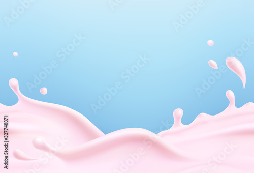 Milk beverage splash seamless pattern. 3d realistic pink yogurt wave border. Vector milky strawberry product package mockup..