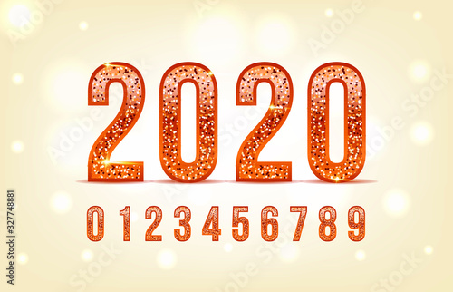 2020. Bronze or copper numbers fonts. Vector illustration. Elegant numbers bronze colored metal chrome alphabet font. Bronze number typography font set for, poster, Invitation etc.