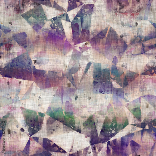 Seamless mixed media collage design in old aged worn look. Random triangle geo design overlaid, mottled, and distressed on fabric texture. Seamless repeat raster jpg pattern swatch. © NinjaCodeArtist