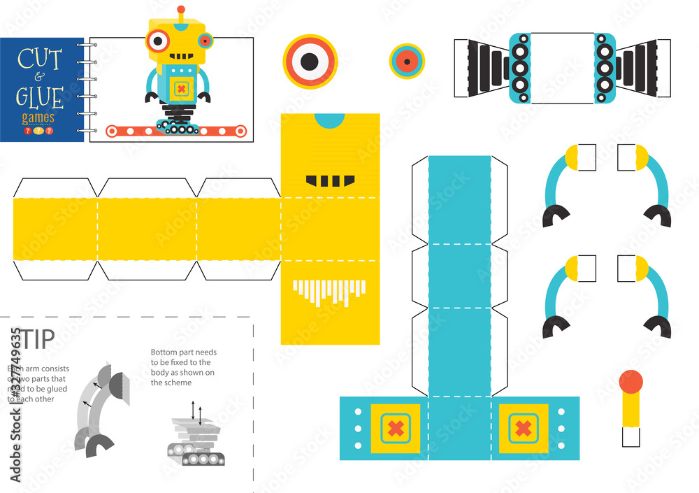 Cut and glue robot toy vector illustration, worksheet. Cut and glue robot toy vector illustration, worksheet.