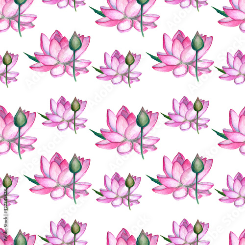 Watercolor pink lotus flowers with buds on white background  hand drawing  seamless pattern