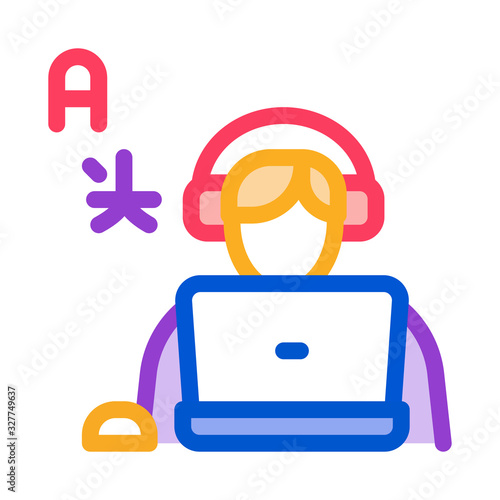 Human Learn Foreign Language Icon Thin Line Vector. Man With Laptop And Earphones Listen International Language Color Symbol Illustration