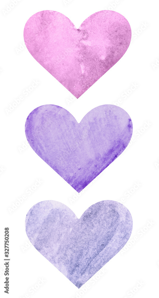 Set with watercolor hearts isolated on white background. Watercolor empty stickers for your text, beautiful design elements