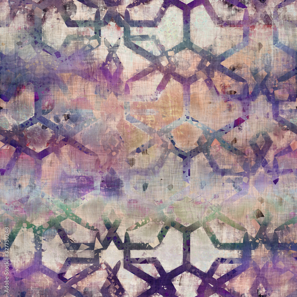 Naklejka premium Seamless mixed media collage design in old aged worn look. Painted hexagon geo design overlaid, mottled, and distressed on fabric texture. Seamless repeat raster jpg pattern swatch.
