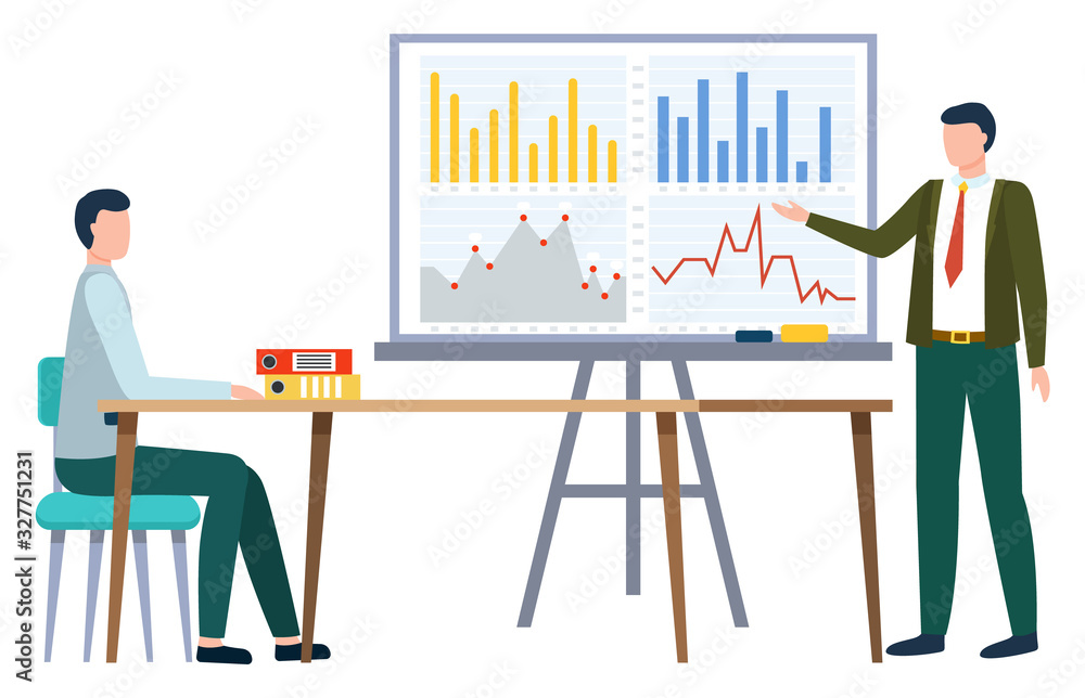 Man stand near statistics chart on board. Manager explaining business analytics graphs to worker. Businessman in suit on meeting or appointment. People work at office, vector illustration flat style Man stand near statistics chart on board. Manager explaining business analytics graphs to worker. Businessman in suit on meeting or appointment. People work at office, vector illustration flat style
