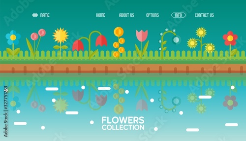 Spring flowers in flat style for website design, garden lawn reflection in water, vector illustration. Summer nature environment, different plants growing in field. Blooming meadow geometric cartoon