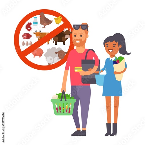Vegan couple buying healthy food, vegetarian people groceries choice, vector illustration. Happy man and woman cartoon characters in flat style. Organic products shopping, people refuse to eat meat